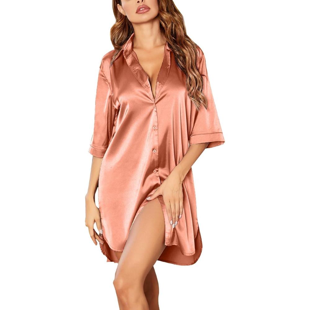 imageEkouaer Womens Satin Nightshirt Button Down Sleepshirt Silk 34 Sleeve Nightgown Boyfriend Notch Collar Sleepwear S3XLOrange Pink