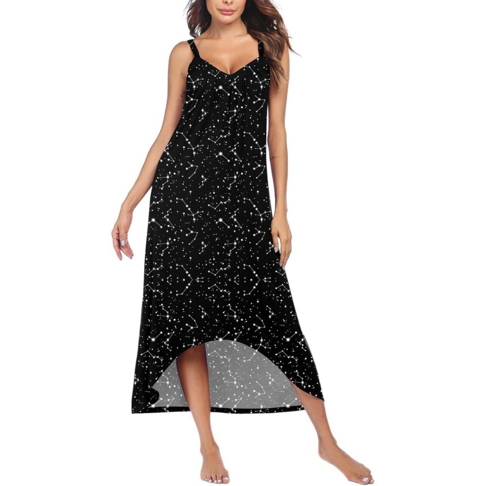 imageEkouaer Womens Sleeveless Long Nightgown Full Slip Nightdress Soft Sleepdress V Neck NightshirtBlack Star