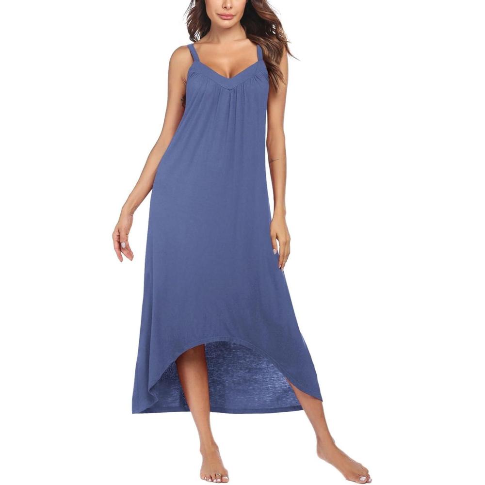 imageEkouaer Womens Sleeveless Long Nightgown Full Slip Nightdress Soft Sleepdress V Neck NightshirtBlue
