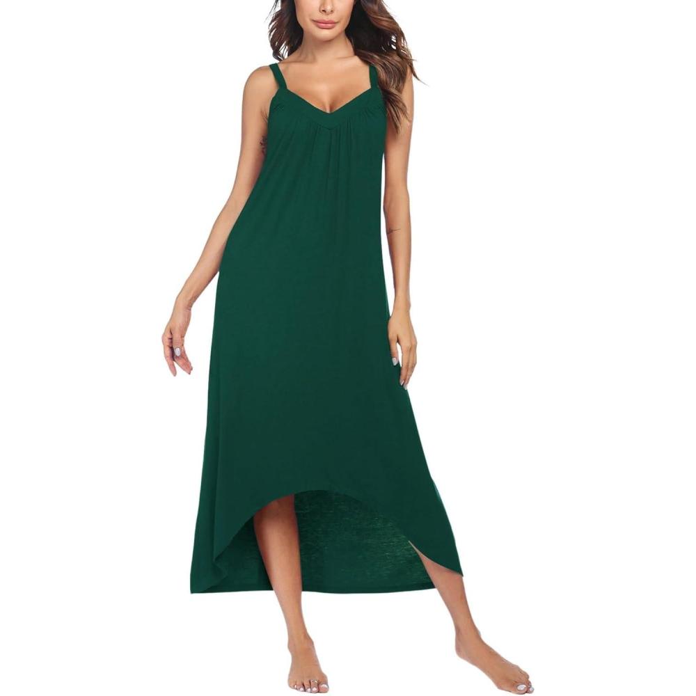 imageEkouaer Womens Sleeveless Long Nightgown Full Slip Nightdress Soft Sleepdress V Neck NightshirtDark Green