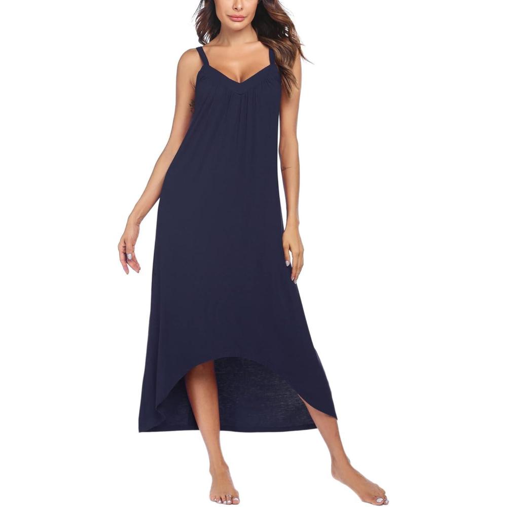 imageEkouaer Womens Sleeveless Long Nightgown Full Slip Nightdress Soft Sleepdress V Neck NightshirtNavy Blue