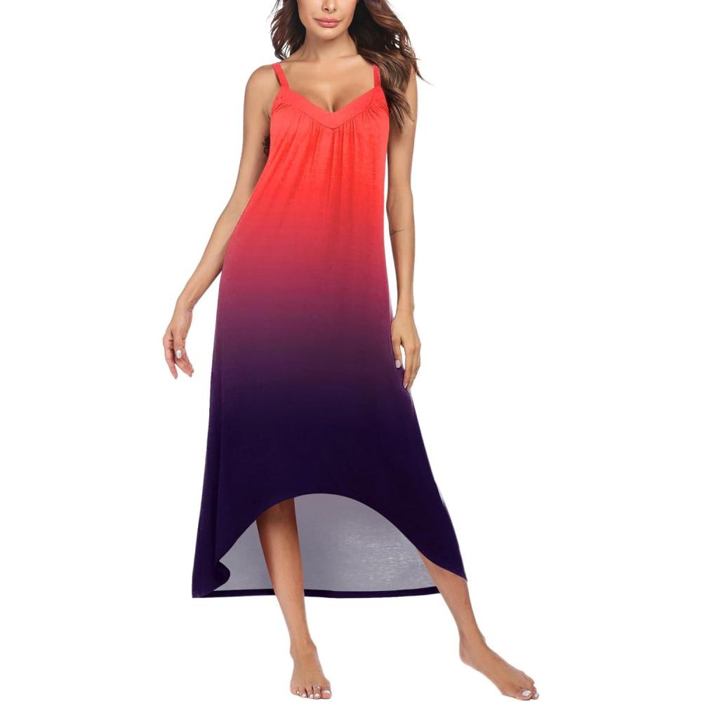 imageEkouaer Womens Sleeveless Long Nightgown Full Slip Nightdress Soft Sleepdress V Neck NightshirtOrange Gradient