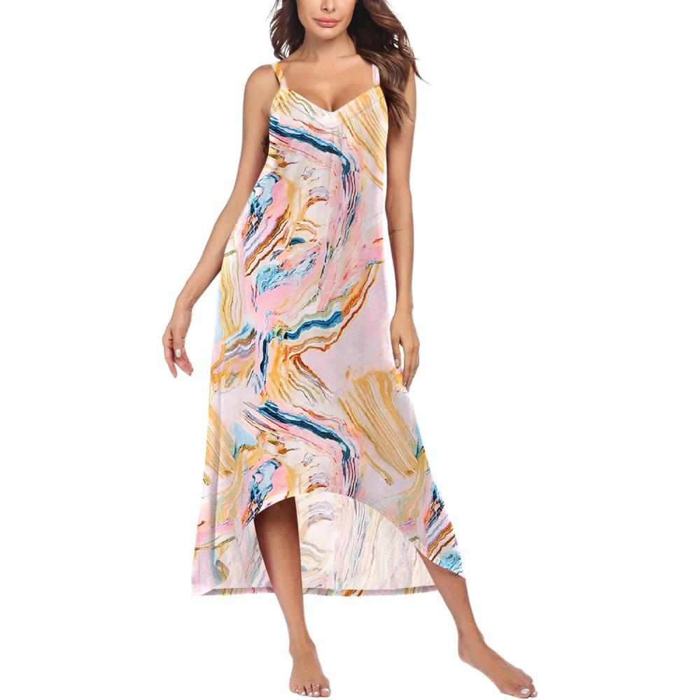 imageEkouaer Womens Sleeveless Long Nightgown Full Slip Nightdress Soft Sleepdress V Neck NightshirtPink Print