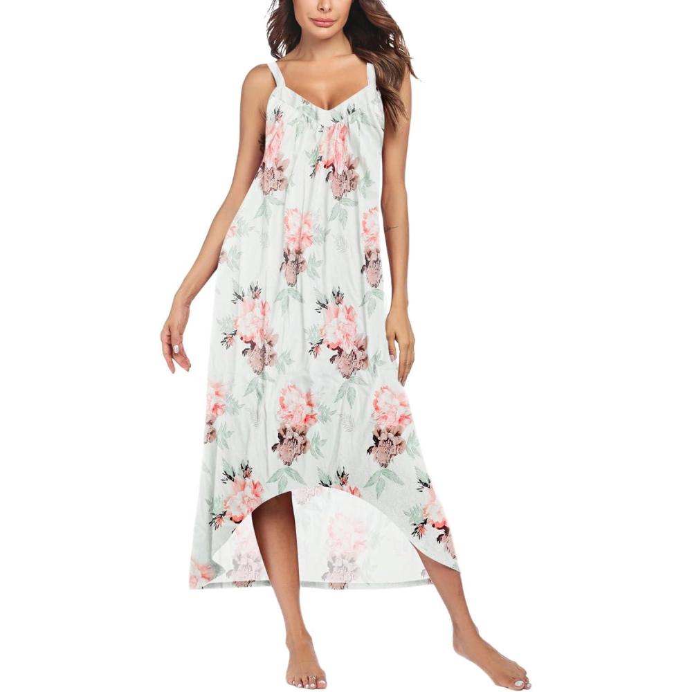 imageEkouaer Womens Sleeveless Long Nightgown Full Slip Nightdress Soft Sleepdress V Neck NightshirtWhite Flower