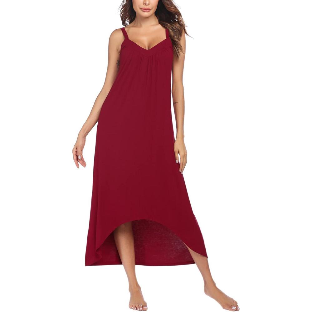 imageEkouaer Womens Sleeveless Long Nightgown Full Slip Nightdress Soft Sleepdress V Neck NightshirtWine Red