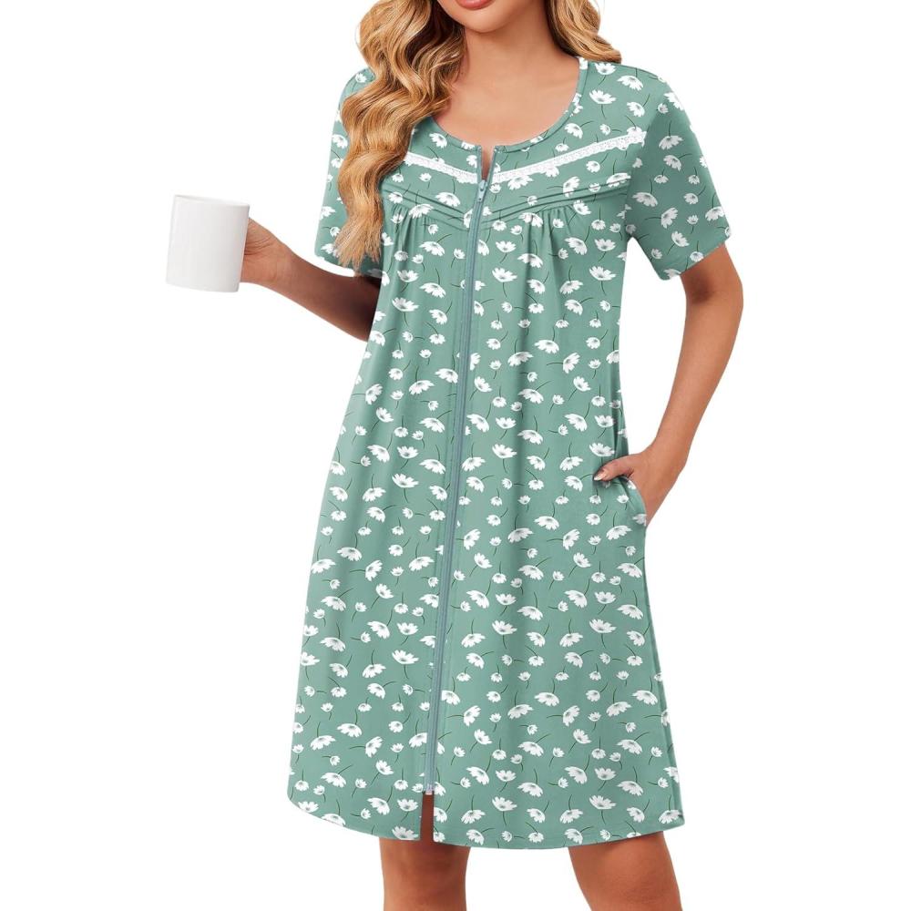 imageEkouaer Zipper Robes for Women Short Sleeve Bathrobes Lace Lightweight House Coat Soft Zip Up Nightgowns with PocketsLight Green Floral