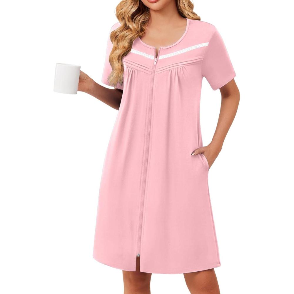 imageEkouaer Zipper Robes for Women Short Sleeve Bathrobes Lace Lightweight House Coat Soft Zip Up Nightgowns with PocketsPink