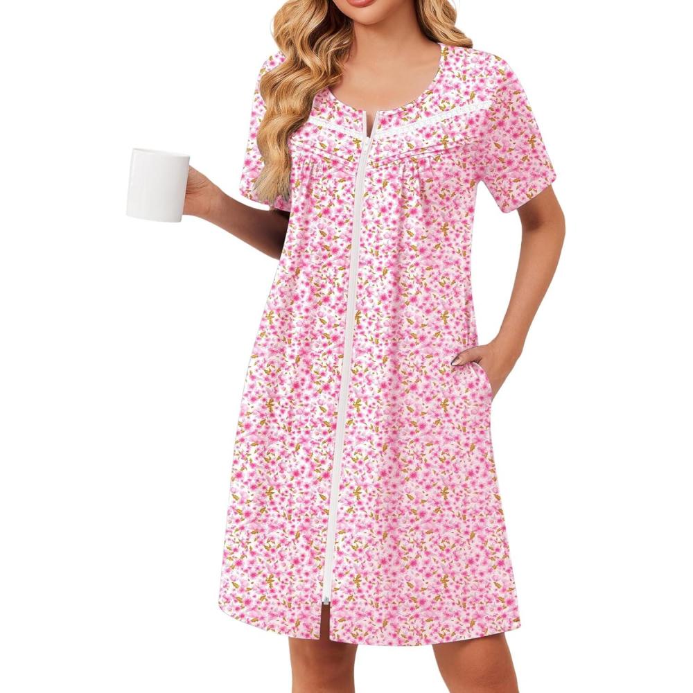 imageEkouaer Zipper Robes for Women Short Sleeve Bathrobes Lace Lightweight House Coat Soft Zip Up Nightgowns with PocketsPink Floral