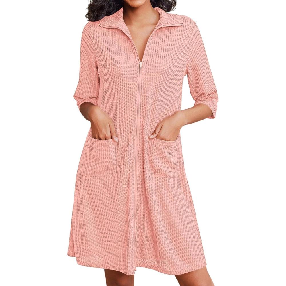 imageEkouaer Zipper Robes for Women Waffle Knit Bathrobes Short Lightweight Knee Length Loungewear with Pockets SXXLMisty Rose