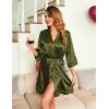 Ekouaer Women’s Lace-Trim Silk Robes Bride Bridesmaid Kimono Satin Bathrobe V Neck Sleepwear with 3/4 Sleeve Army Green