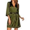 Ekouaer Women’s Lace-Trim Silk Robes Bride Bridesmaid Kimono Satin Bathrobe V Neck Sleepwear with 3/4 Sleeve Army Green