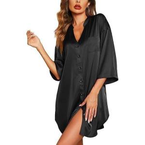 Ekouaer Satin Nightgowns for Women Silk Sleepwear Button Down Sleepshirt 3/4 Sleeve V-Neck Nightshirts with Pockets(Black)