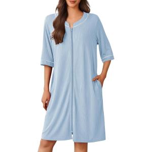 Ekouaer Women Robes Zipper Front 3/4 Sleeve Housecoat Zip Up Bathrobes Lightweight Nightgown with Pockets S-XXL(Light Blue)