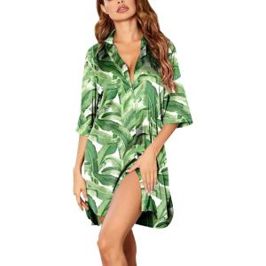 Ekouaer Women’s Satin Nightshirt Button Down Sleepshirt Silk 3/4 Sleeve Nightgown Boyfriend Notch Collar Sleepwear S-3XL(Hawaiian Leaves White)