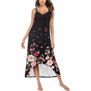 Ekouaer Women’s Sleeveless Long Nightgown Full Slip Nightdress Soft Sleepdress V Neck Nightshirt(Black Floral)
