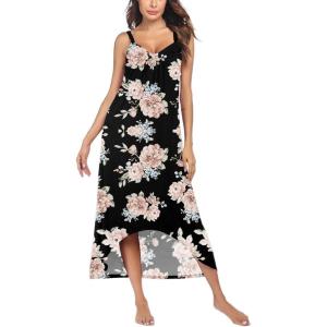 Ekouaer Women’s Sleeveless Long Nightgown Full Slip Nightdress Soft Sleepdress V Neck Nightshirt(Black Flower)