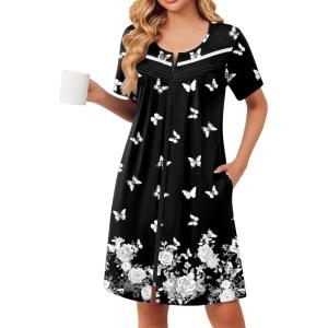 Ekouaer Zipper Robes for Women Short Sleeve Bathrobes Lace Lightweight House Coat Soft Zip Up Nightgowns with Pockets(White Floral & Butterfly)