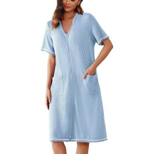 Ekouaer Zipper Robes for Women Waffle Knit Bathrobes Short Lightweight Knee Length Loungewear with Pockets S-XXL(A-light Blue)