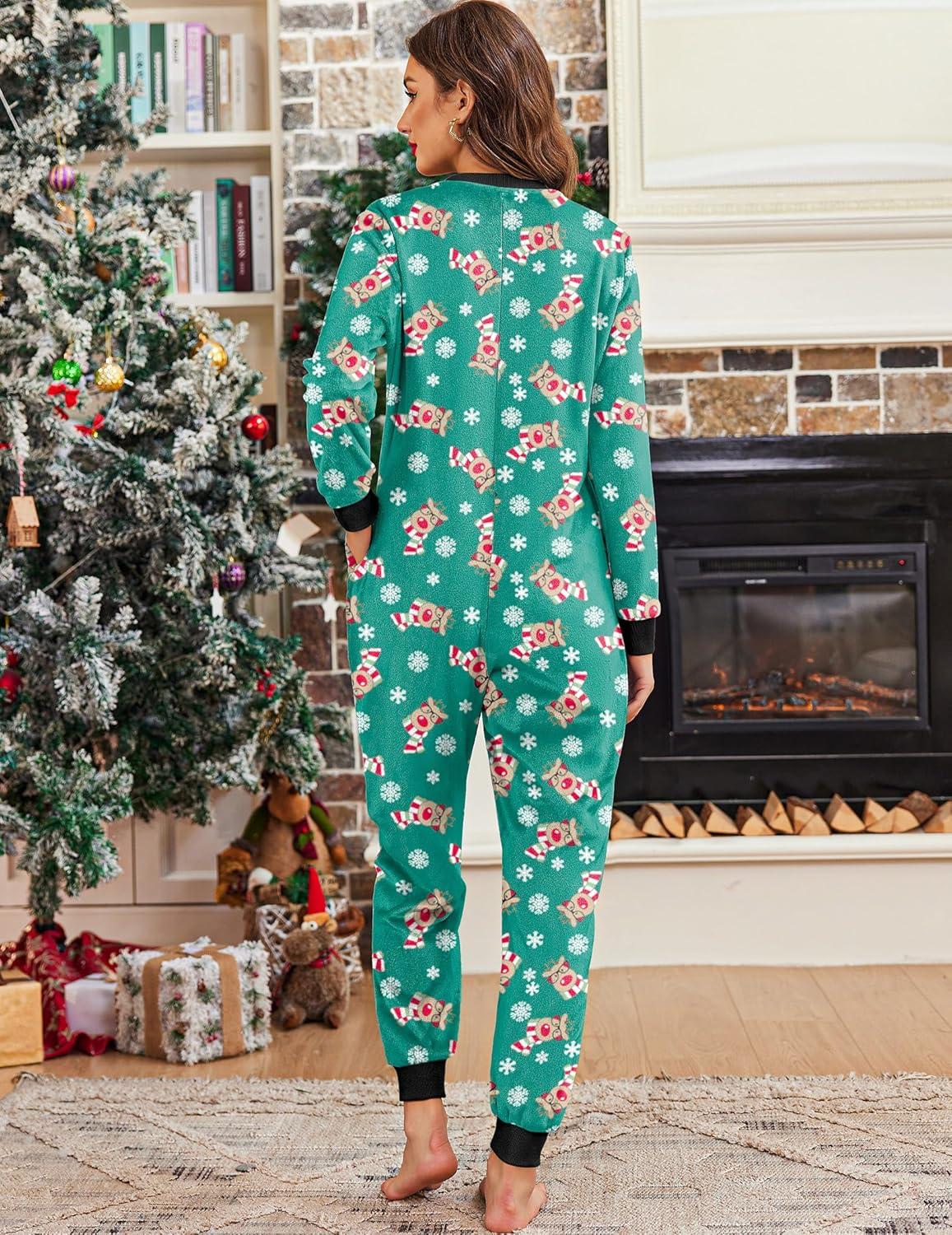 imageEkouaer Christmas Onesie Fleece Long Sleeve Adult One Piece Pajamas for Women Zipper Pjs with Pocket SXXLChristmas Green
