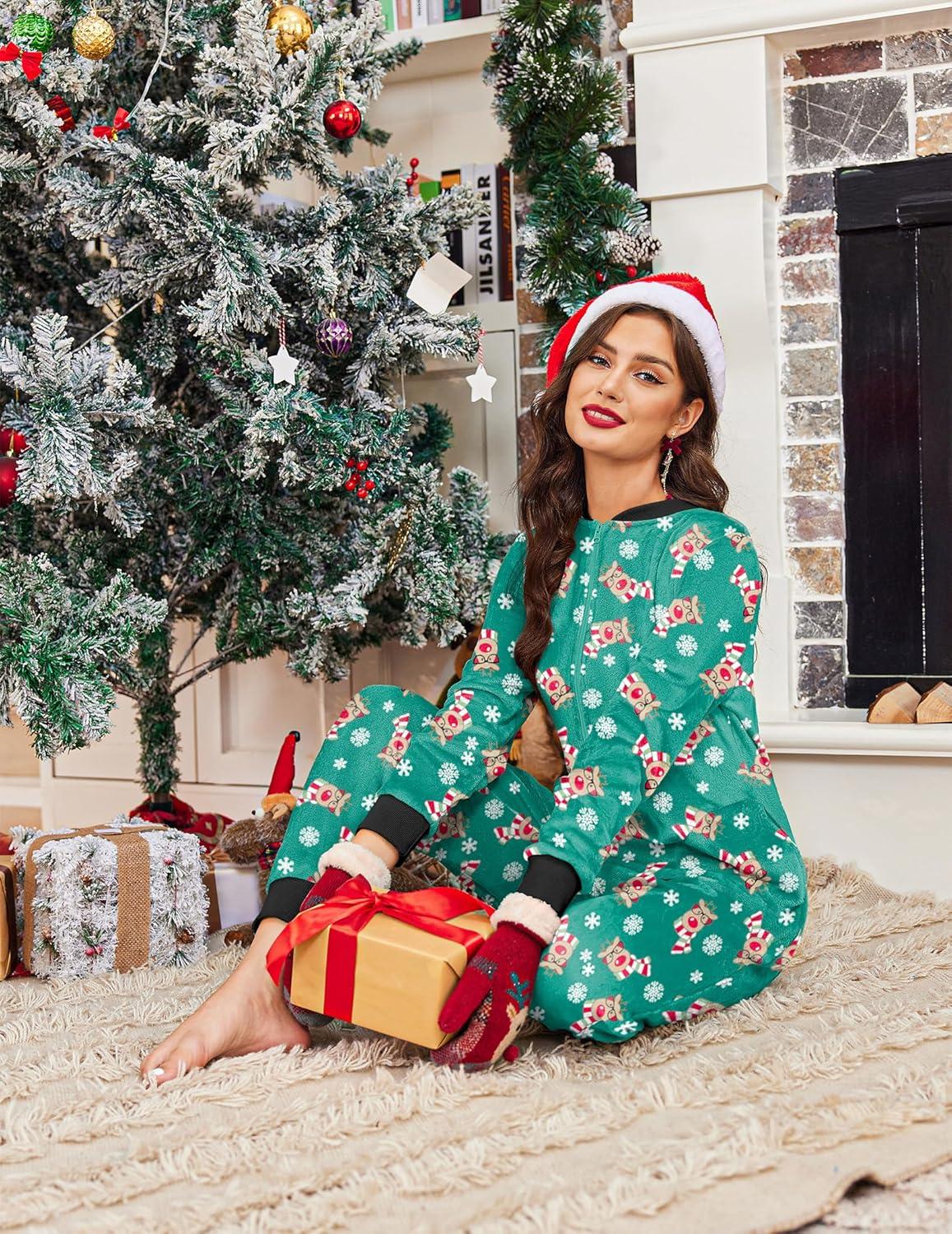 imageEkouaer Christmas Onesie Fleece Long Sleeve Adult One Piece Pajamas for Women Zipper Pjs with Pocket SXXLChristmas Green