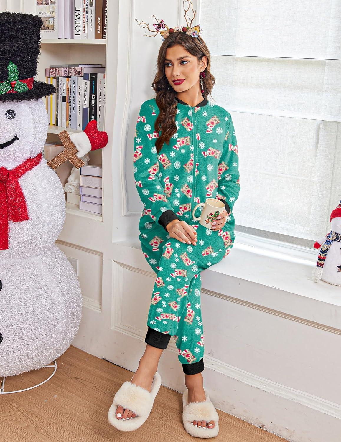 imageEkouaer Christmas Onesie Fleece Long Sleeve Adult One Piece Pajamas for Women Zipper Pjs with Pocket SXXLChristmas Green