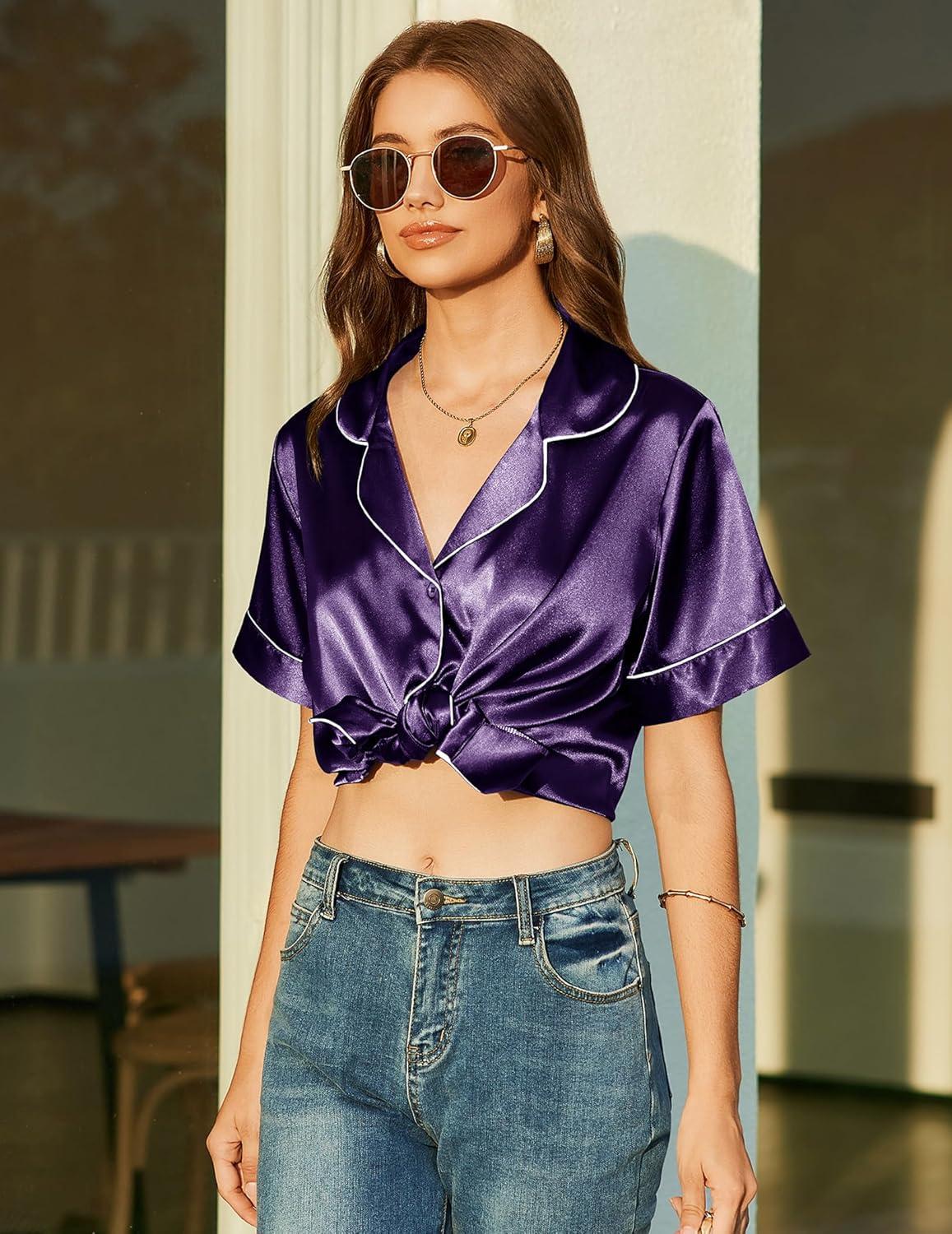 imageEkouaer Pajamas for Women Set Silk Satin Pjs Button Down Sleepwear Summer Loungewear Top and Shorts Lounge Set SXXLDeep Purple2