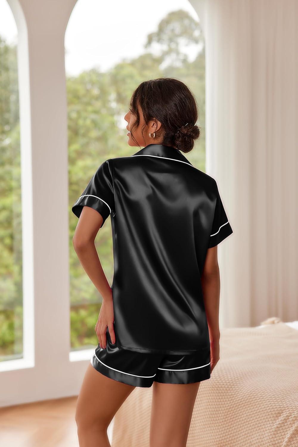 imageEkouaer Pajamas for Women Set Silk Satin Pjs Button Down Sleepwear Summer Loungewear Top and Shorts Lounge Set SXXLNewblack