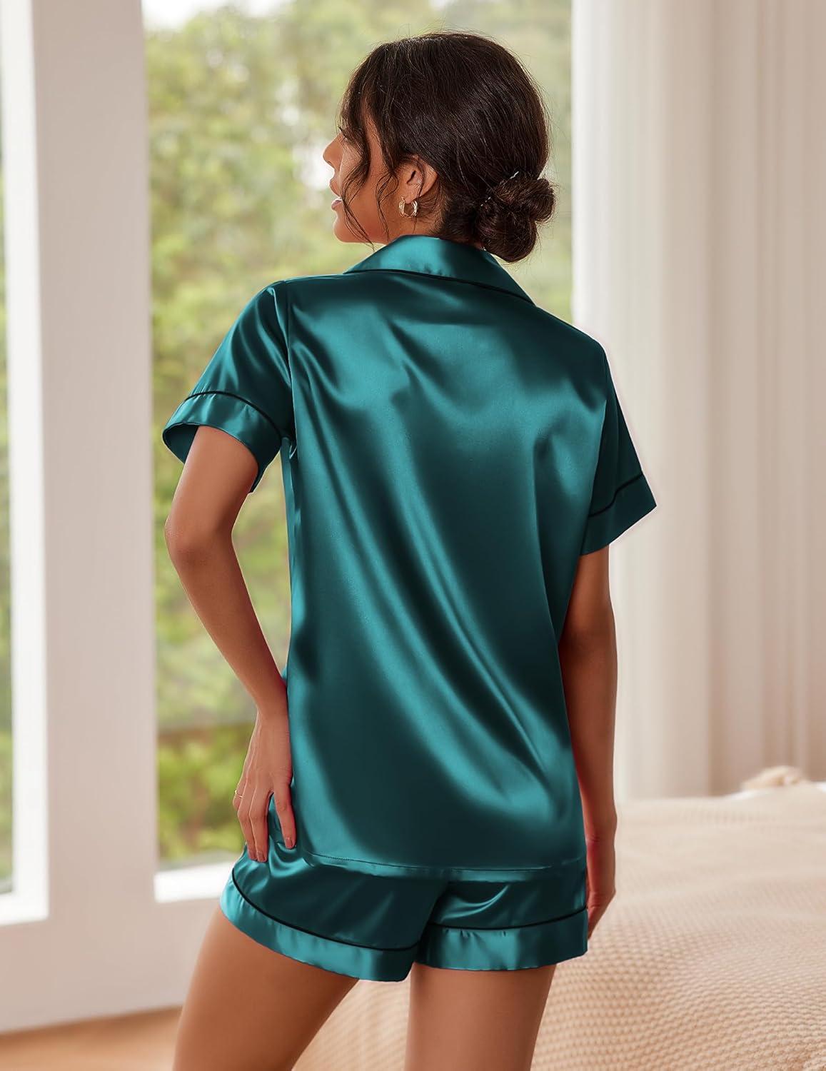 imageEkouaer Pajamas for Women Set Silk Satin Pjs Button Down Sleepwear Summer Loungewear Top and Shorts Lounge Set SXXLNewdark Green