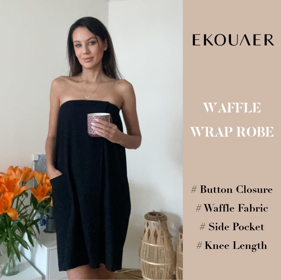 imageEkouaer Waffle Robes For Women Bath Wraps Lightweight Knee Length Soft Shower Robe with Pocket SLBlack