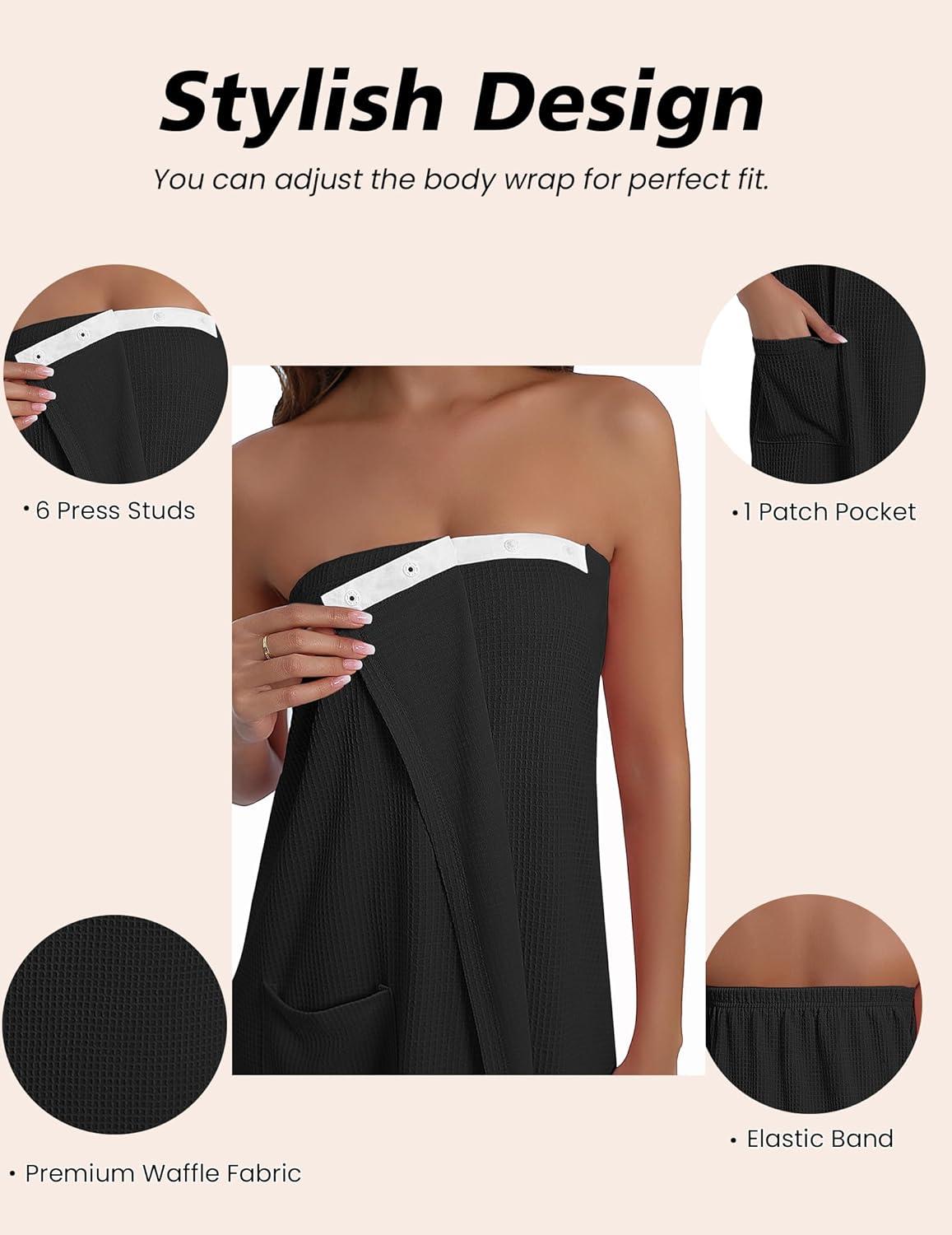 imageEkouaer Waffle Robes For Women Bath Wraps Lightweight Knee Length Soft Shower Robe with Pocket SLBlack