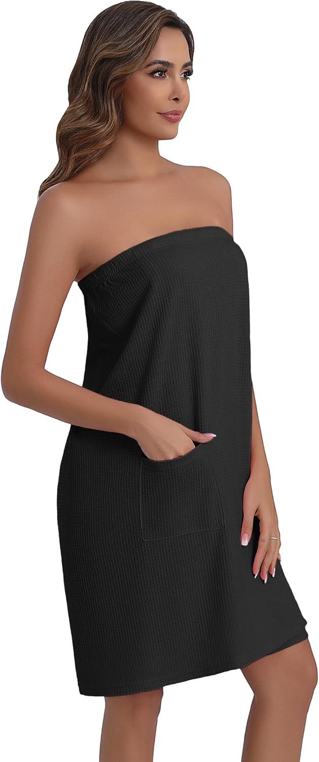 imageEkouaer Waffle Robes For Women Bath Wraps Lightweight Knee Length Soft Shower Robe with Pocket SLBlack