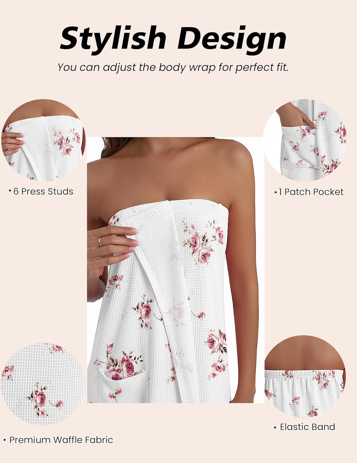 imageEkouaer Waffle Robes For Women Bath Wraps Lightweight Knee Length Soft Shower Robe with Pocket SLFloral White