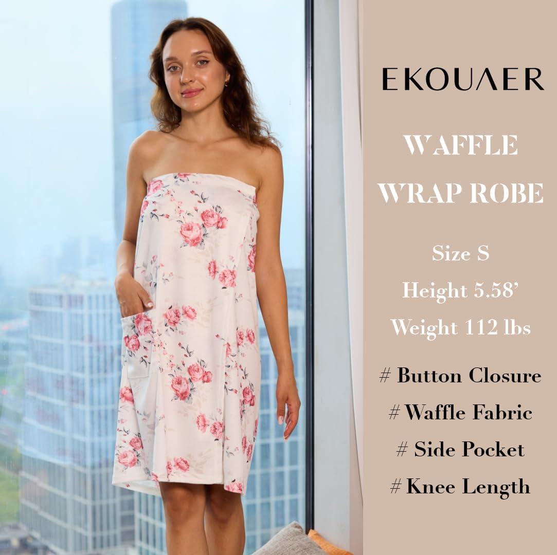 imageEkouaer Waffle Robes For Women Bath Wraps Lightweight Knee Length Soft Shower Robe with Pocket SLFloral White