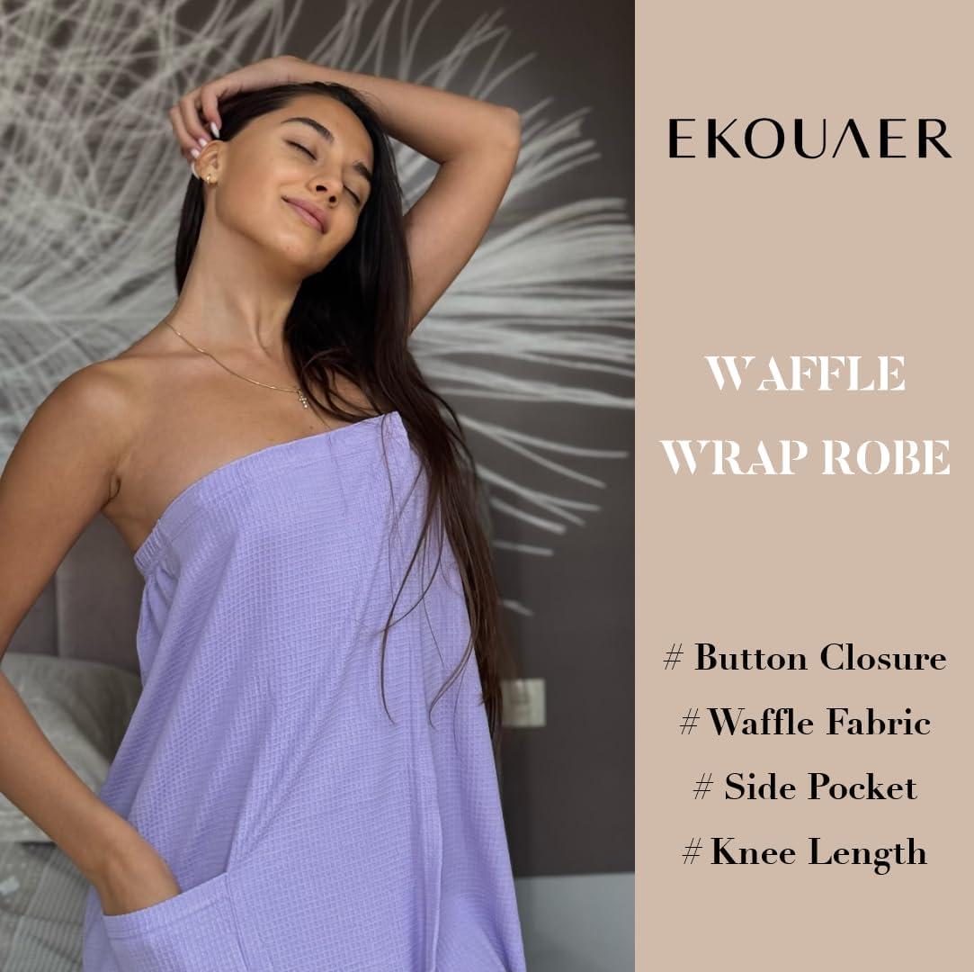 imageEkouaer Waffle Robes For Women Bath Wraps Lightweight Knee Length Soft Shower Robe with Pocket SLLavender