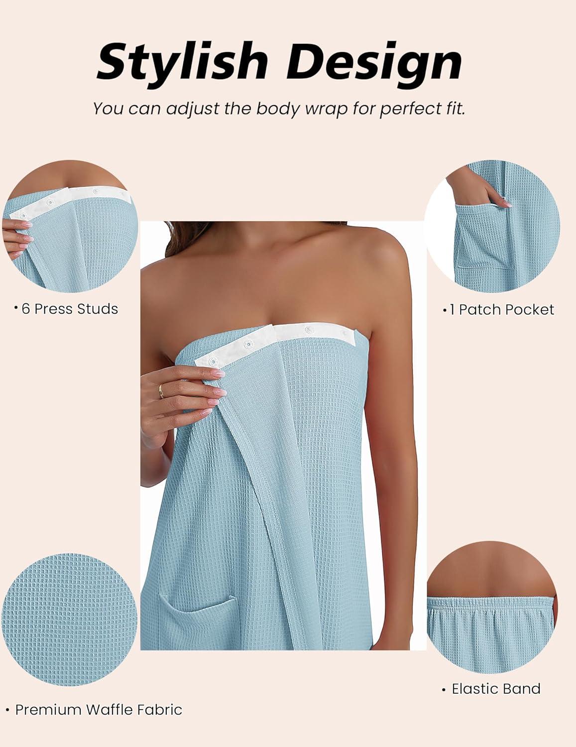 imageEkouaer Waffle Robes For Women Bath Wraps Lightweight Knee Length Soft Shower Robe with Pocket SLLight Blue