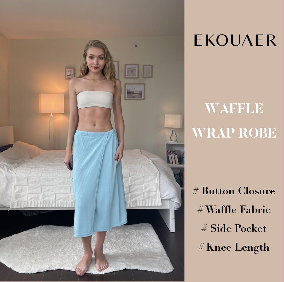 imageEkouaer Waffle Robes For Women Bath Wraps Lightweight Knee Length Soft Shower Robe with Pocket SLLight Blue