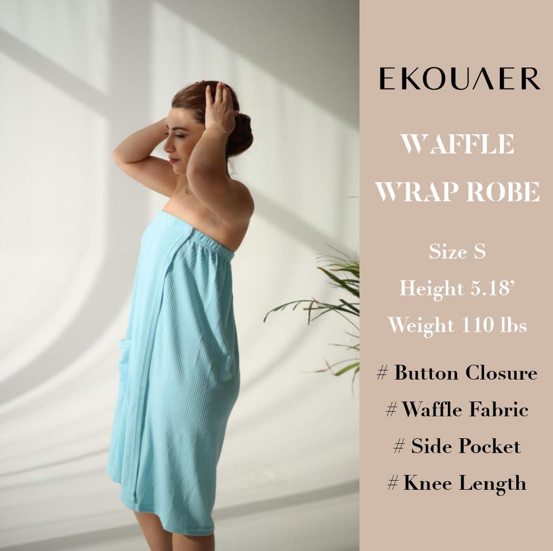 imageEkouaer Waffle Robes For Women Bath Wraps Lightweight Knee Length Soft Shower Robe with Pocket SLLight Blue