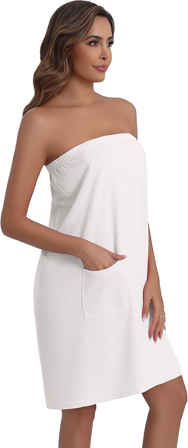 imageEkouaer Waffle Robes For Women Bath Wraps Lightweight Knee Length Soft Shower Robe with Pocket SLWhite