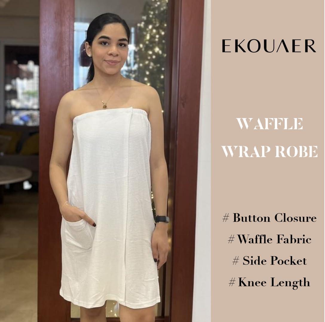 imageEkouaer Waffle Robes For Women Bath Wraps Lightweight Knee Length Soft Shower Robe with Pocket SLWhite