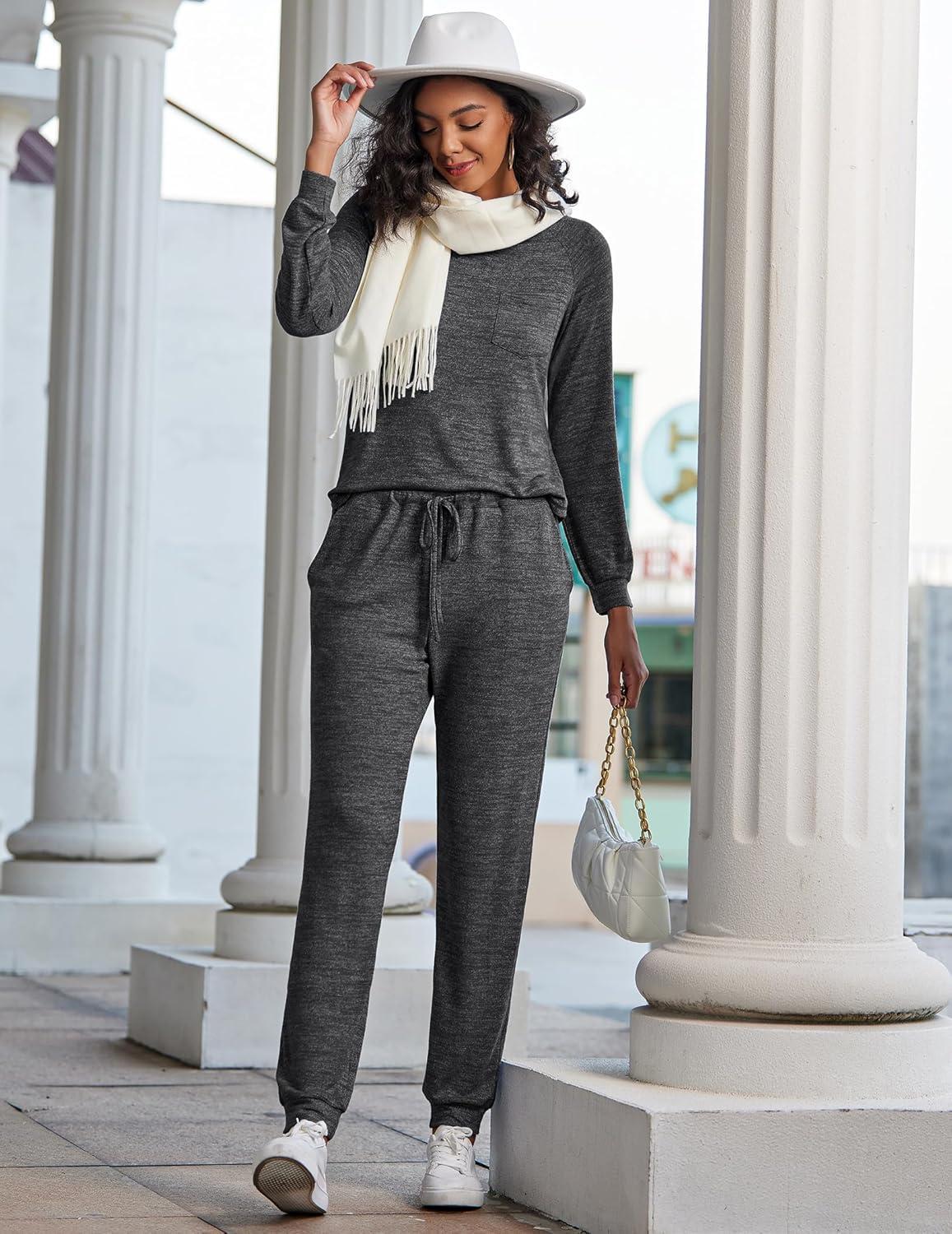 imageEkouaer Womens Pajamas Set Long Sleeve Loungewear Soft Lounge Set Joggers with PocketsDark Grey