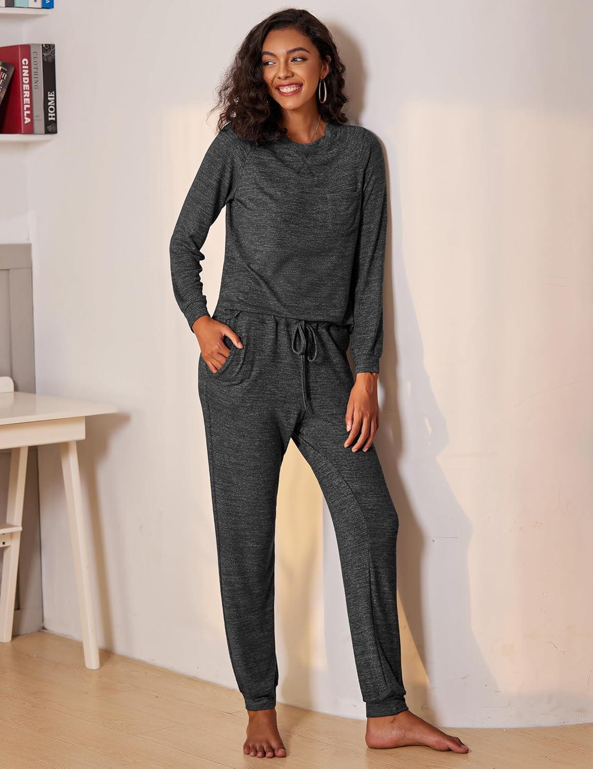 imageEkouaer Womens Pajamas Set Long Sleeve Loungewear Soft Lounge Set Joggers with PocketsDark Grey
