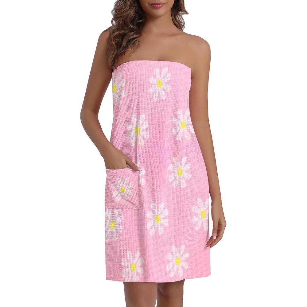 imageEkouaer Waffle Robes For Women Bath Wraps Lightweight Knee Length Soft Shower Robe with Pocket SLFloral Pink