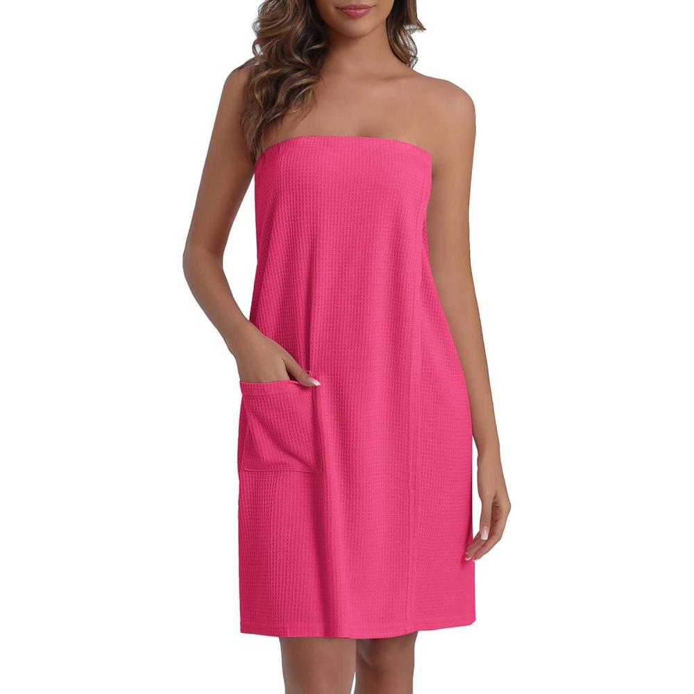 imageEkouaer Waffle Robes For Women Bath Wraps Lightweight Knee Length Soft Shower Robe with Pocket SLHot Pink