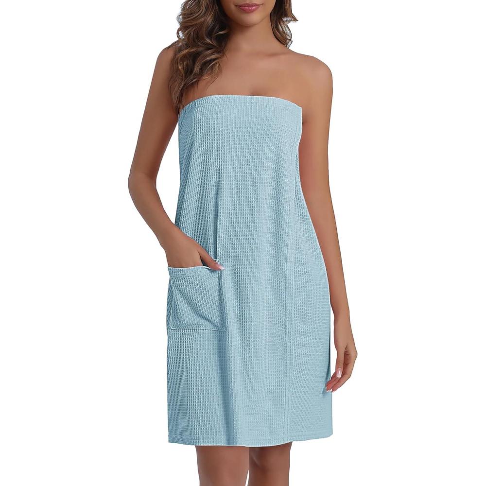 imageEkouaer Waffle Robes For Women Bath Wraps Lightweight Knee Length Soft Shower Robe with Pocket SLLight Blue
