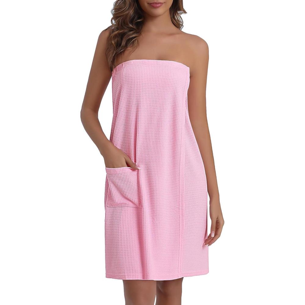 imageEkouaer Waffle Robes For Women Bath Wraps Lightweight Knee Length Soft Shower Robe with Pocket SLPink