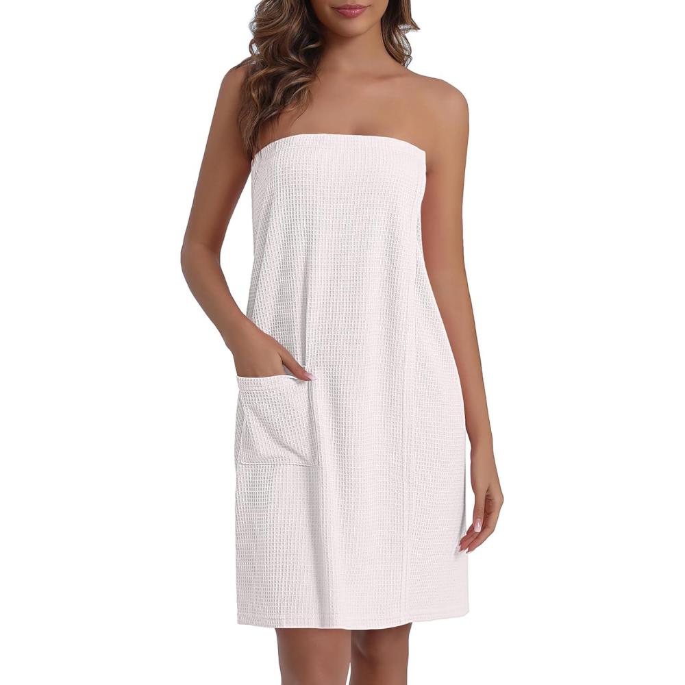 imageEkouaer Waffle Robes For Women Bath Wraps Lightweight Knee Length Soft Shower Robe with Pocket SLWhite