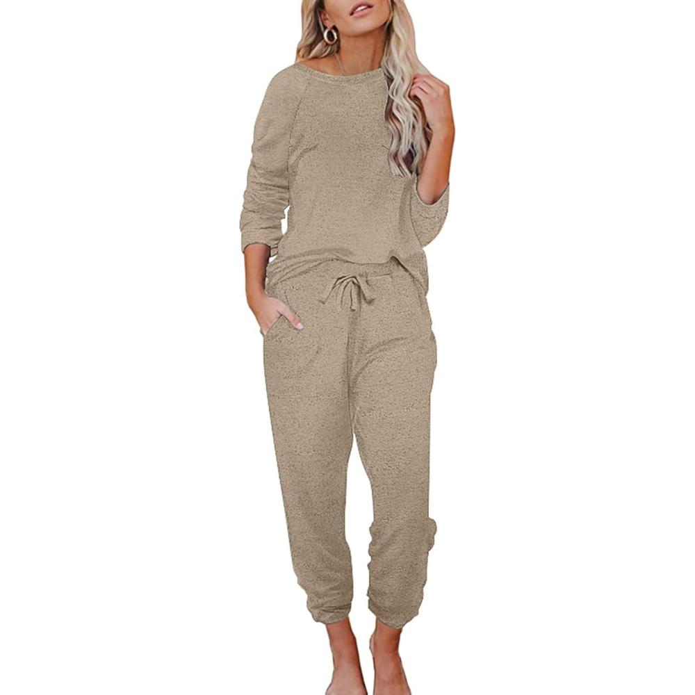 imageEkouaer Womens Pajamas Set Long Sleeve Loungewear Soft Lounge Set Joggers with PocketsLight Tan