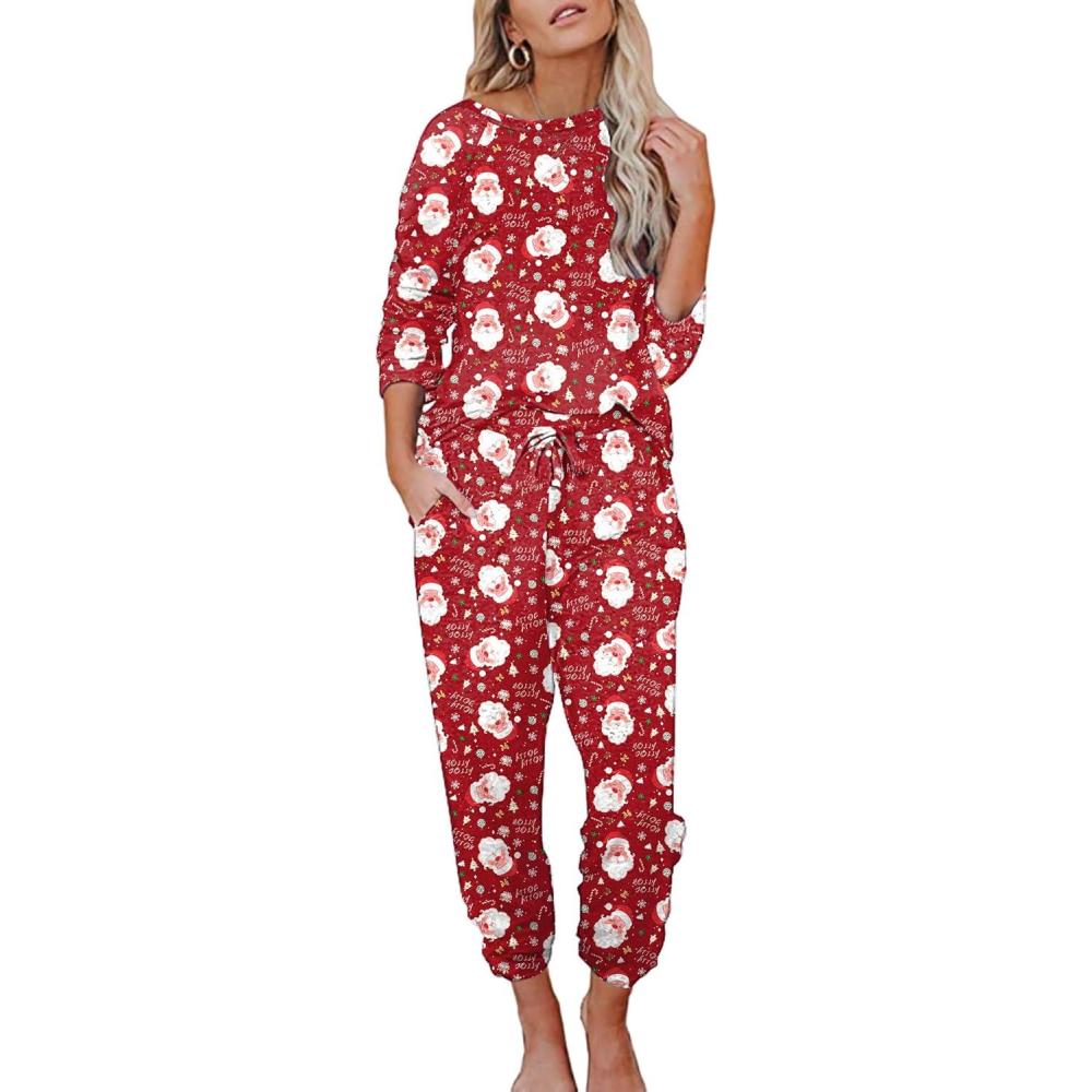 imageEkouaer Womens Pajamas Set Long Sleeve Loungewear Soft Lounge Set Joggers with PocketsRed Christmas Pattern