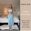Ekouaer Waffle Robes For Women Bath Wraps Lightweight Knee Length Soft Shower Robe with Pocket S-L(Light Blue)