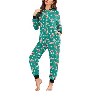Ekouaer Christmas Onesie Fleece Long Sleeve Adult One Piece Pajamas for Women Zipper Pjs with Pocket S-XXL(Christmas Green)